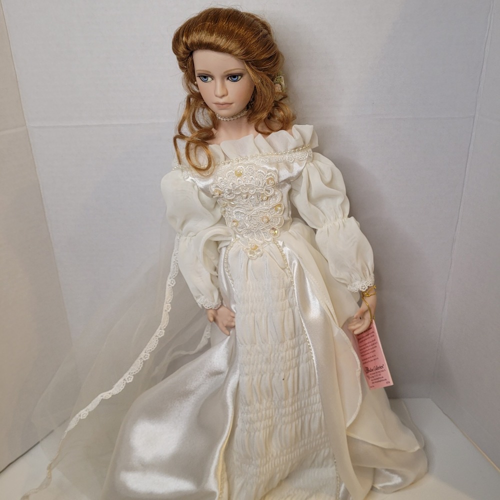 Paradise Galleries Porcelain Bride Doll Ivory Lace Wedding Gown Blue Eyes Auburn
